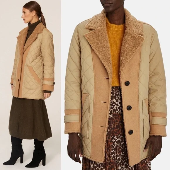DEREK LAM 70s Reversible Wool Blend Quilted Faux Shearling Oversized Barn Coat 6 - Picture 9 of 17